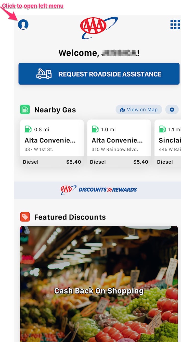 click the round person icon on the upper-left of the AAA App Home Page