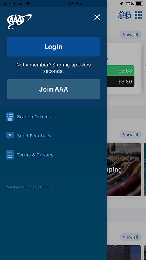 AAA Mobile App Login Menu